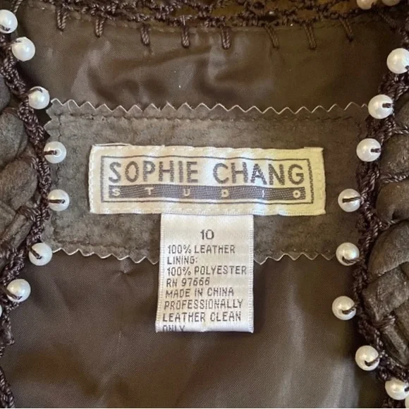 100% SUEDE SOPHIE CHANG Faux Pearl embellished lightweight jacket darkOlive Med - Picture 4 of 15